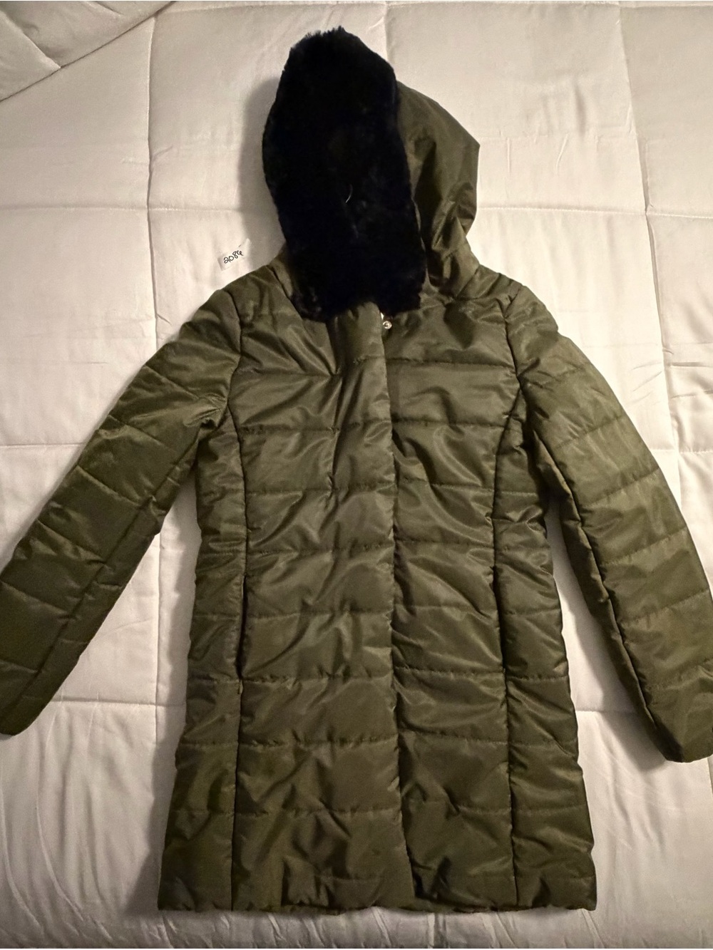 Ambiance Olive Green Hooded Puffer Coat with Black Faux Fur Trim